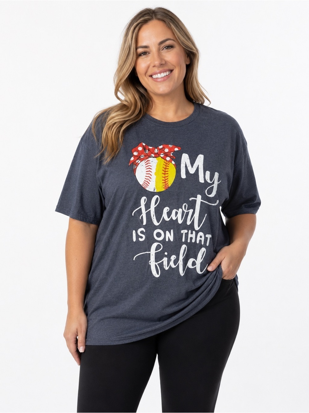 Graphic Tee "My Heart Is On That Field" - Navy with Yellow/Red Accent